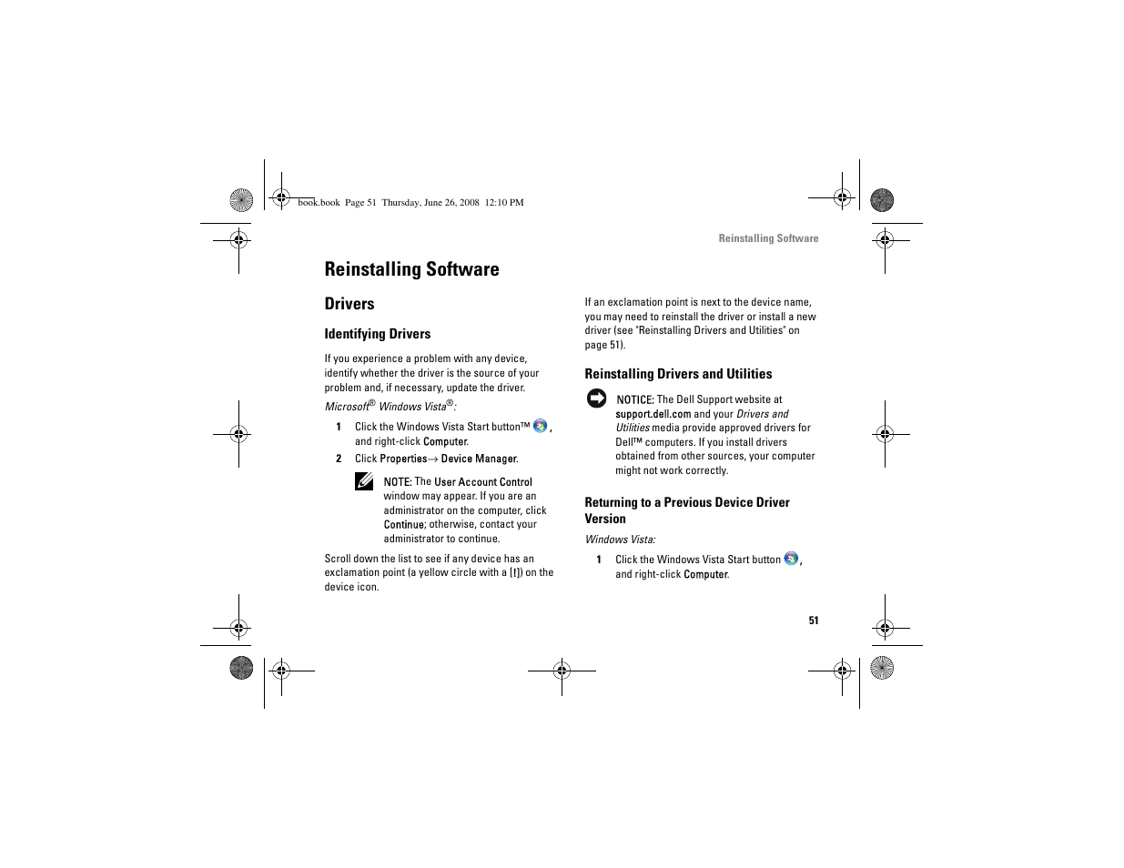Reinstalling software, Drivers, Identifying drivers | Reinstalling drivers and utilities, Reinstalling drivers and, Utilities | Dell Vostro A180 (Early 2009) User Manual | Page 51 / 76
