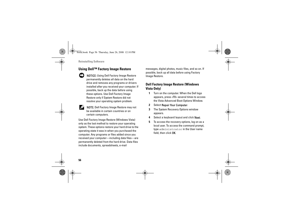 Using dell™ factory image restore, Using dell™ factory image, Restore | Dell Vostro A180 (Early 2009) User Manual | Page 56 / 76
