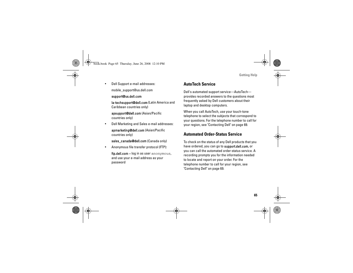 Autotech service, Automated order-status service, Automated order-status | Service | Dell Vostro A180 (Early 2009) User Manual | Page 65 / 76