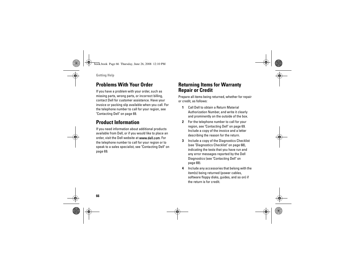 Problems with your order, Product information, Returning items for warranty repair or credit | Returning items for warranty, Repair or credit | Dell Vostro A180 (Early 2009) User Manual | Page 66 / 76