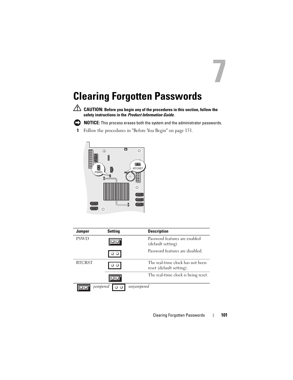 Clearing forgotten passwords | Dell Precision T5400 (Late 2007) User Manual | Page 101 / 316
