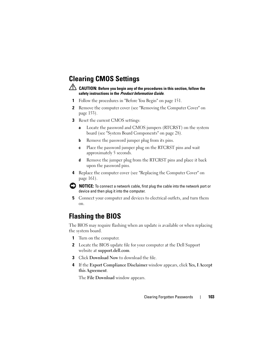 Clearing cmos settings, Flashing the bios | Dell Precision T5400 (Late 2007) User Manual | Page 103 / 316