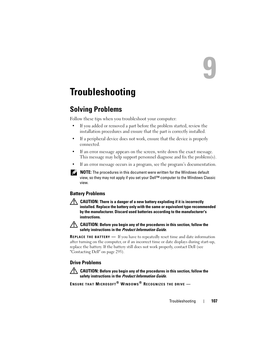 Troubleshooting, Solving problems, Battery problems | Drive problems | Dell Precision T5400 (Late 2007) User Manual | Page 107 / 316