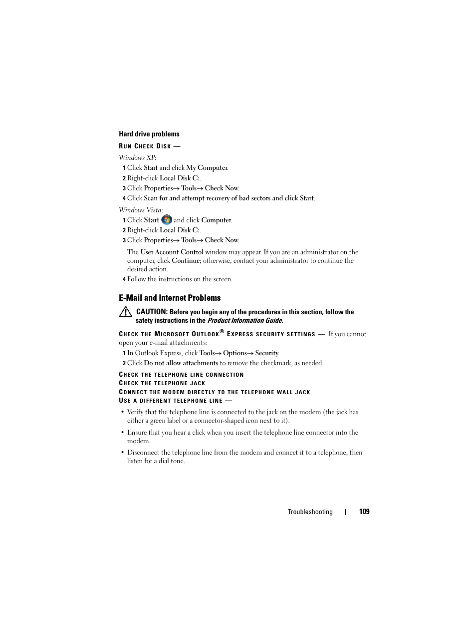 E-mail and internet problems | Dell Precision T5400 (Late 2007) User Manual | Page 109 / 316