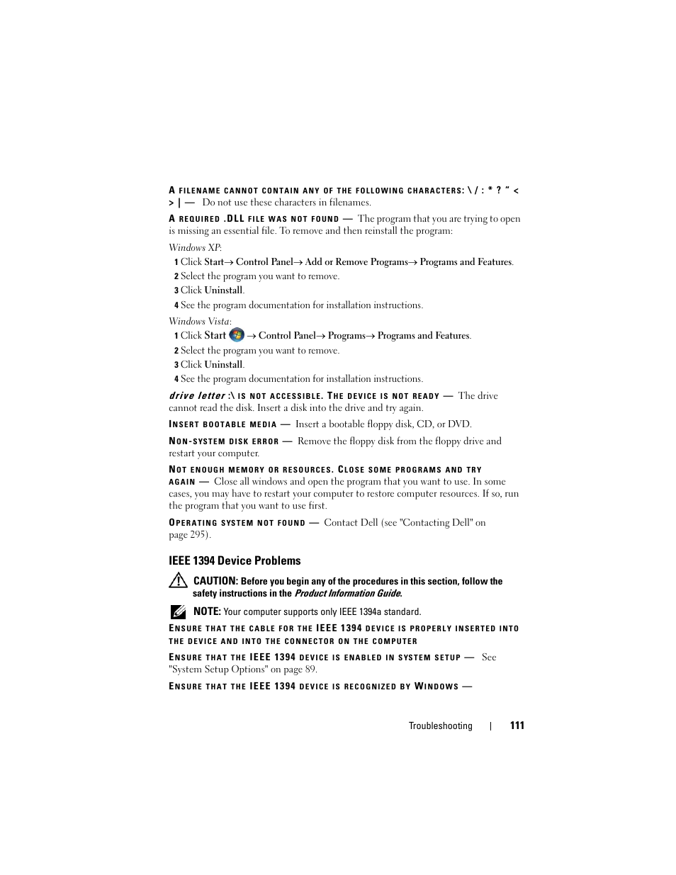 Ieee 1394 device problems | Dell Precision T5400 (Late 2007) User Manual | Page 111 / 316