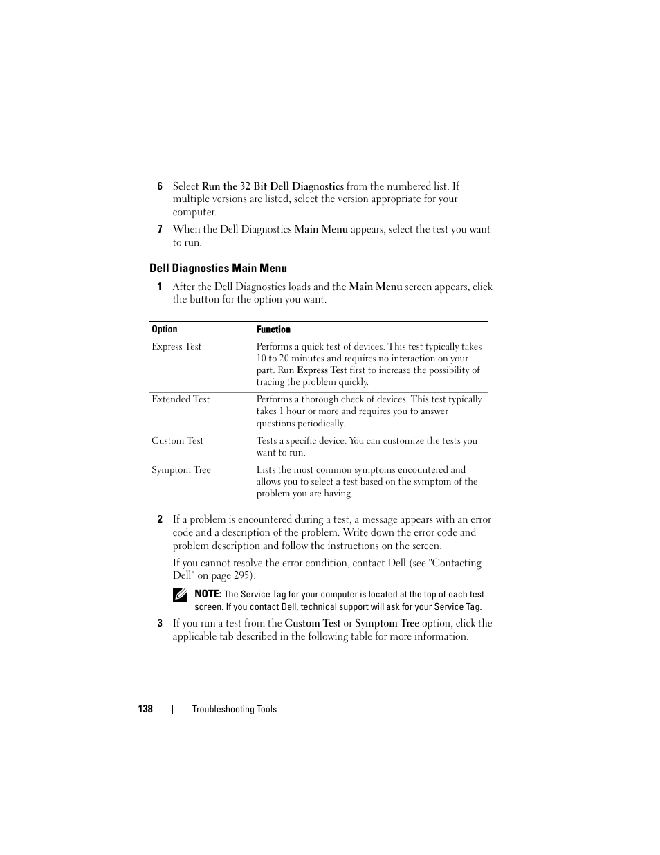 Dell diagnostics main menu, Dell diagnostics | Dell Precision T5400 (Late 2007) User Manual | Page 138 / 316