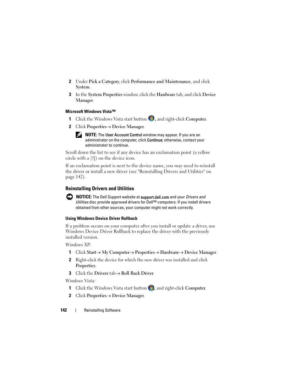 Reinstalling drivers and utilities, Ers (see "reinstalling drivers and | Dell Precision T5400 (Late 2007) User Manual | Page 142 / 316