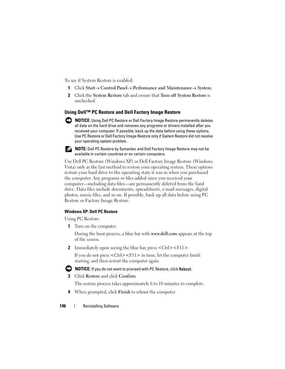 Using dell™ pc restore and dell factory image, Restore | Dell Precision T5400 (Late 2007) User Manual | Page 146 / 316