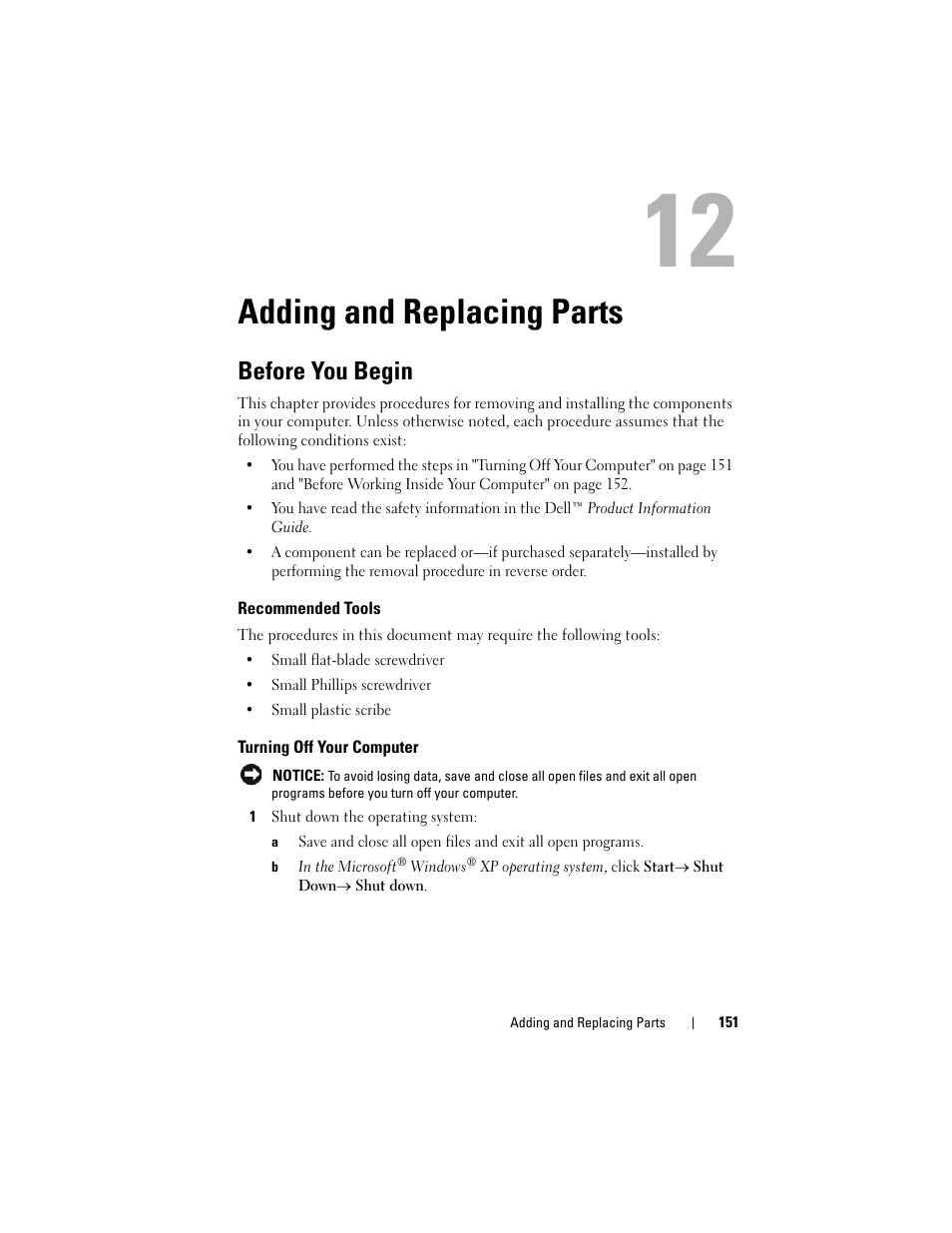 Adding and replacing parts, Before you begin, Recommended tools | Turning off your computer, Turning, Off your computer" on | Dell Precision T5400 (Late 2007) User Manual | Page 151 / 316