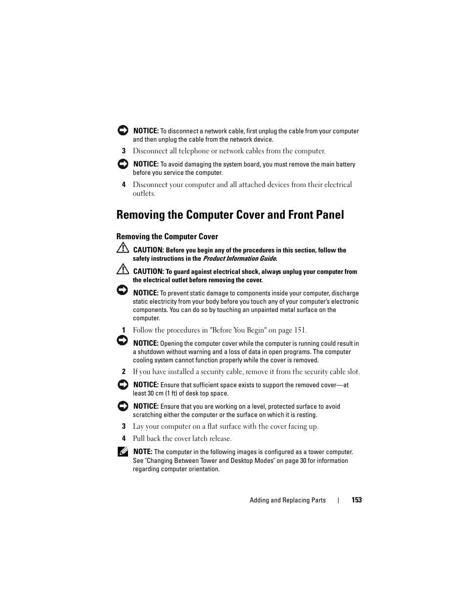 Removing the computer cover and front panel, Removing the computer cover, Ee "removing the | Uter cover (see "removing the computer cover" on, Removing the computer cover" on | Dell Precision T5400 (Late 2007) User Manual | Page 153 / 316