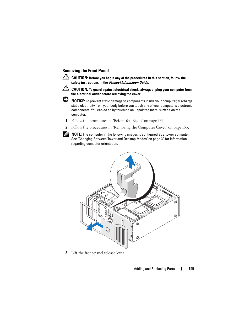 Removing the front panel, Removing the front panel" on | Dell Precision T5400 (Late 2007) User Manual | Page 155 / 316