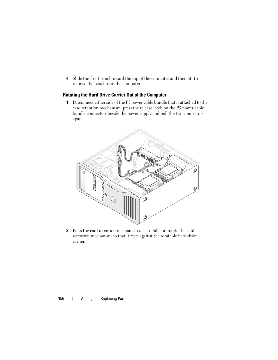 Rotating the hard drive carrier out of the, Computer | Dell Precision T5400 (Late 2007) User Manual | Page 156 / 316