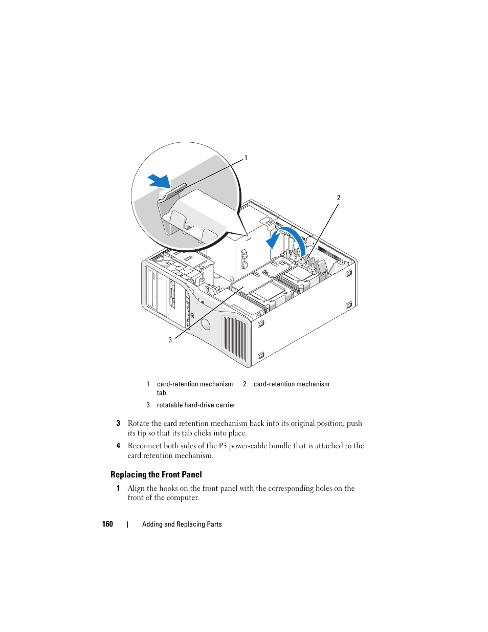 Replacing the front panel | Dell Precision T5400 (Late 2007) User Manual | Page 160 / 316