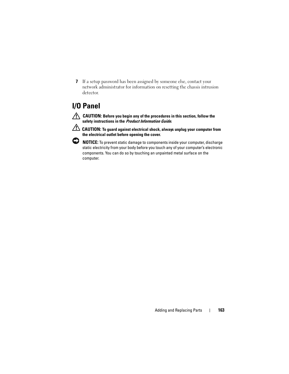 I/o panel | Dell Precision T5400 (Late 2007) User Manual | Page 163 / 316