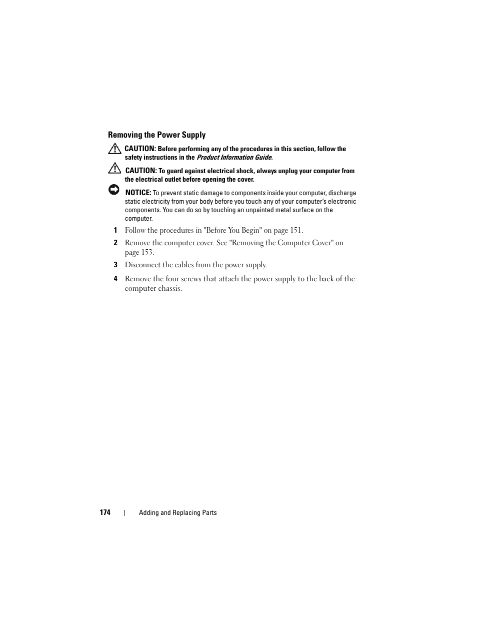 Removing the power supply | Dell Precision T5400 (Late 2007) User Manual | Page 174 / 316