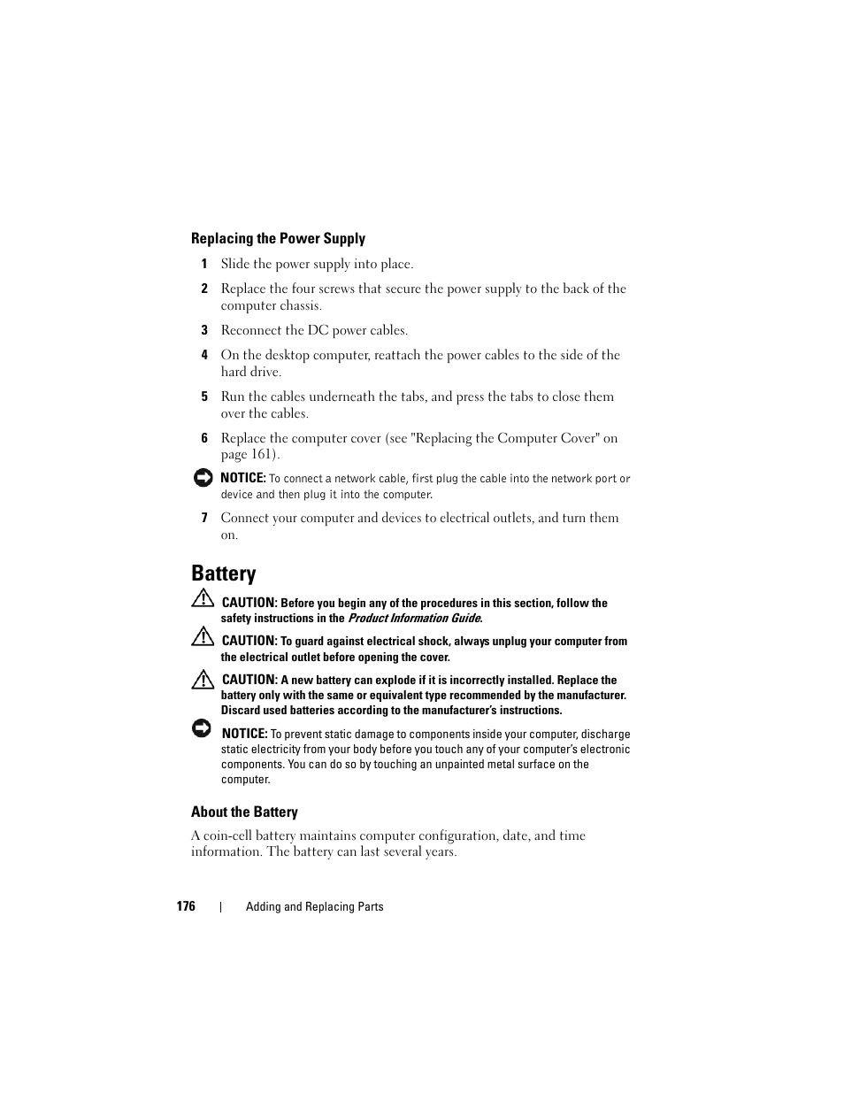 Replacing the power supply, Battery, About the battery | Battery" on | Dell Precision T5400 (Late 2007) User Manual | Page 176 / 316