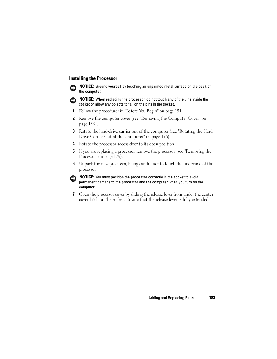 Installing the processor | Dell Precision T5400 (Late 2007) User Manual | Page 183 / 316