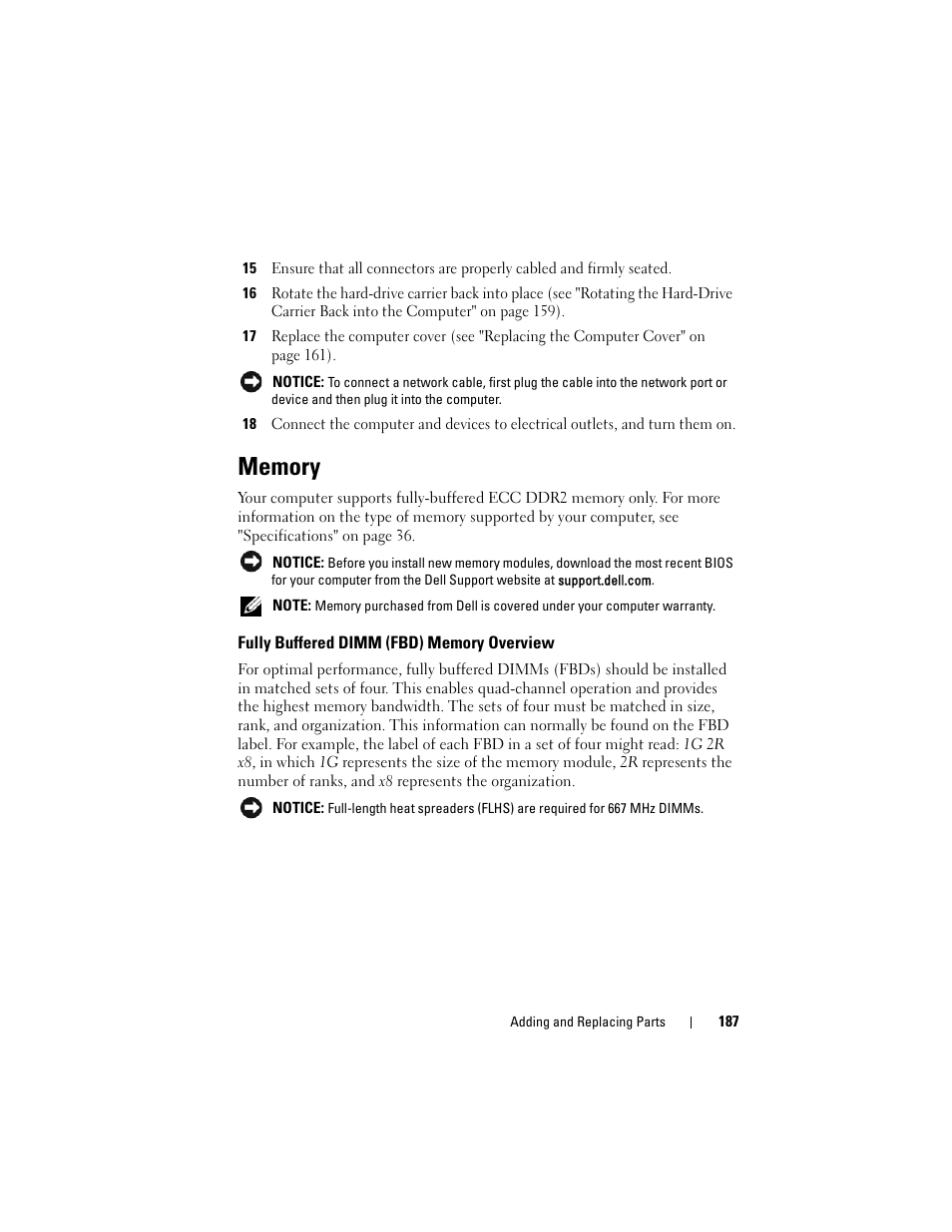 Memory, Fully buffered dimm (fbd) memory overview, Memory" on | Dell Precision T5400 (Late 2007) User Manual | Page 187 / 316