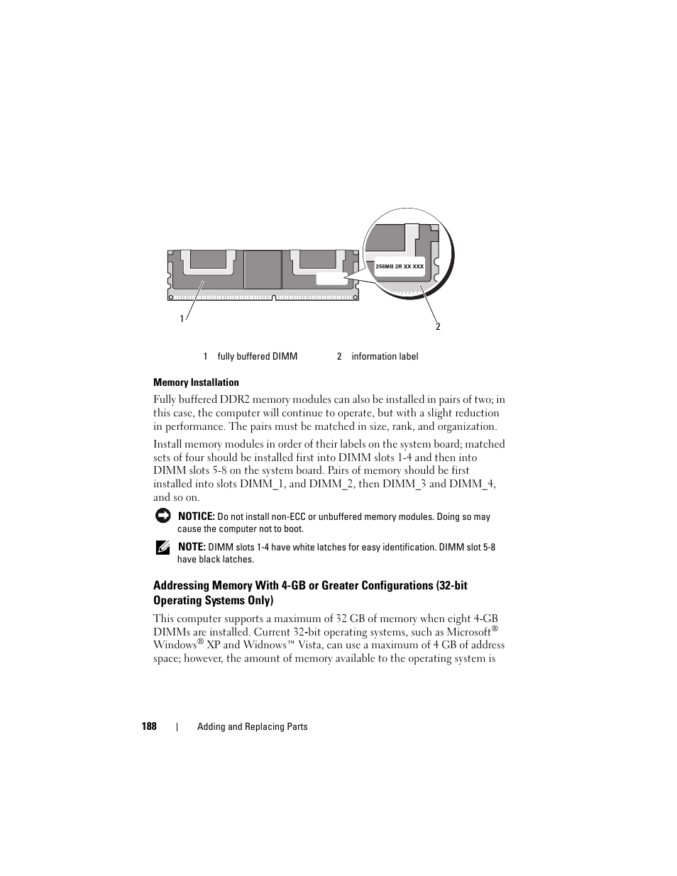 Addressing memory with 4-gb or greater, Configurations (32-bit operating systems only) | Dell Precision T5400 (Late 2007) User Manual | Page 188 / 316
