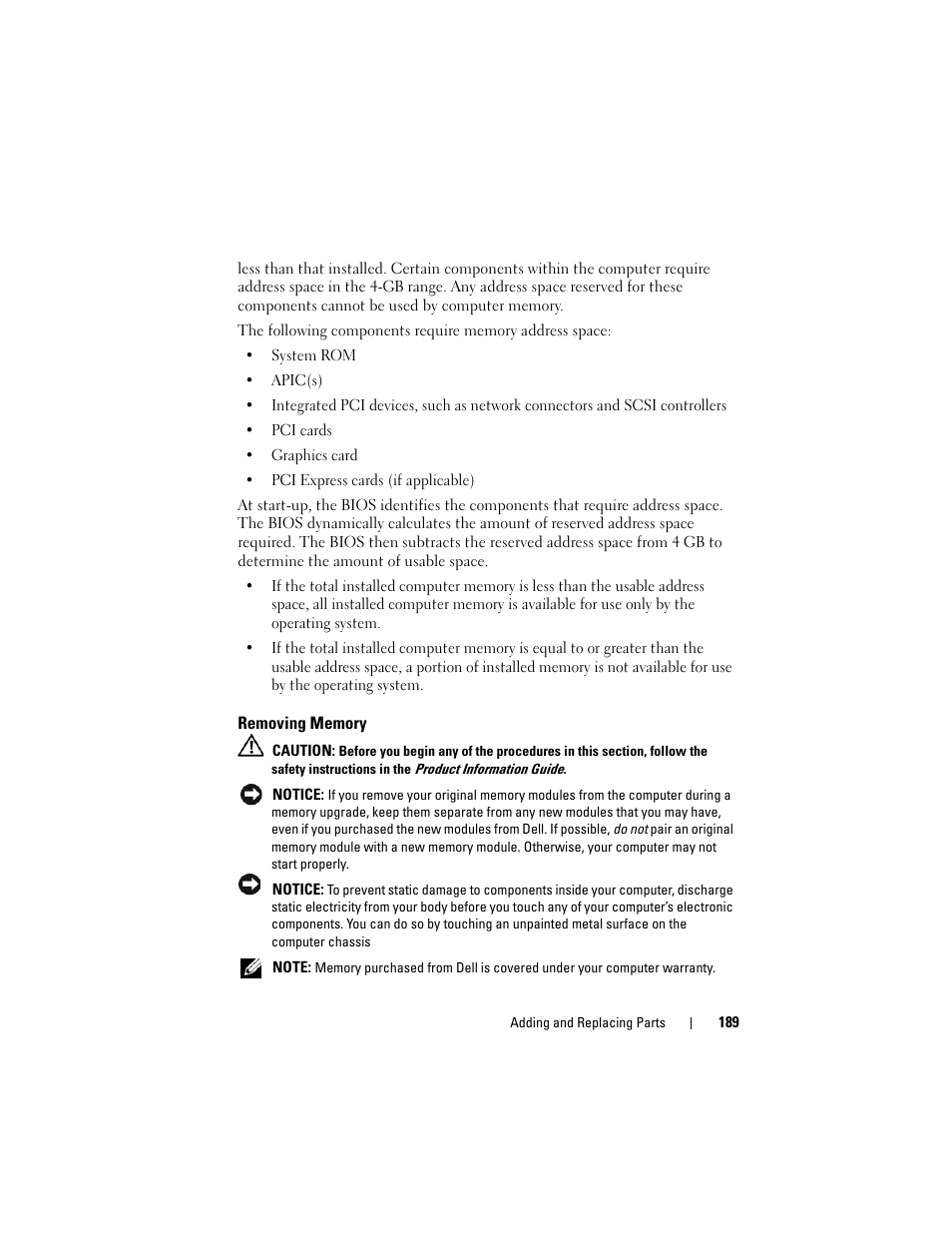 Removing memory | Dell Precision T5400 (Late 2007) User Manual | Page 189 / 316