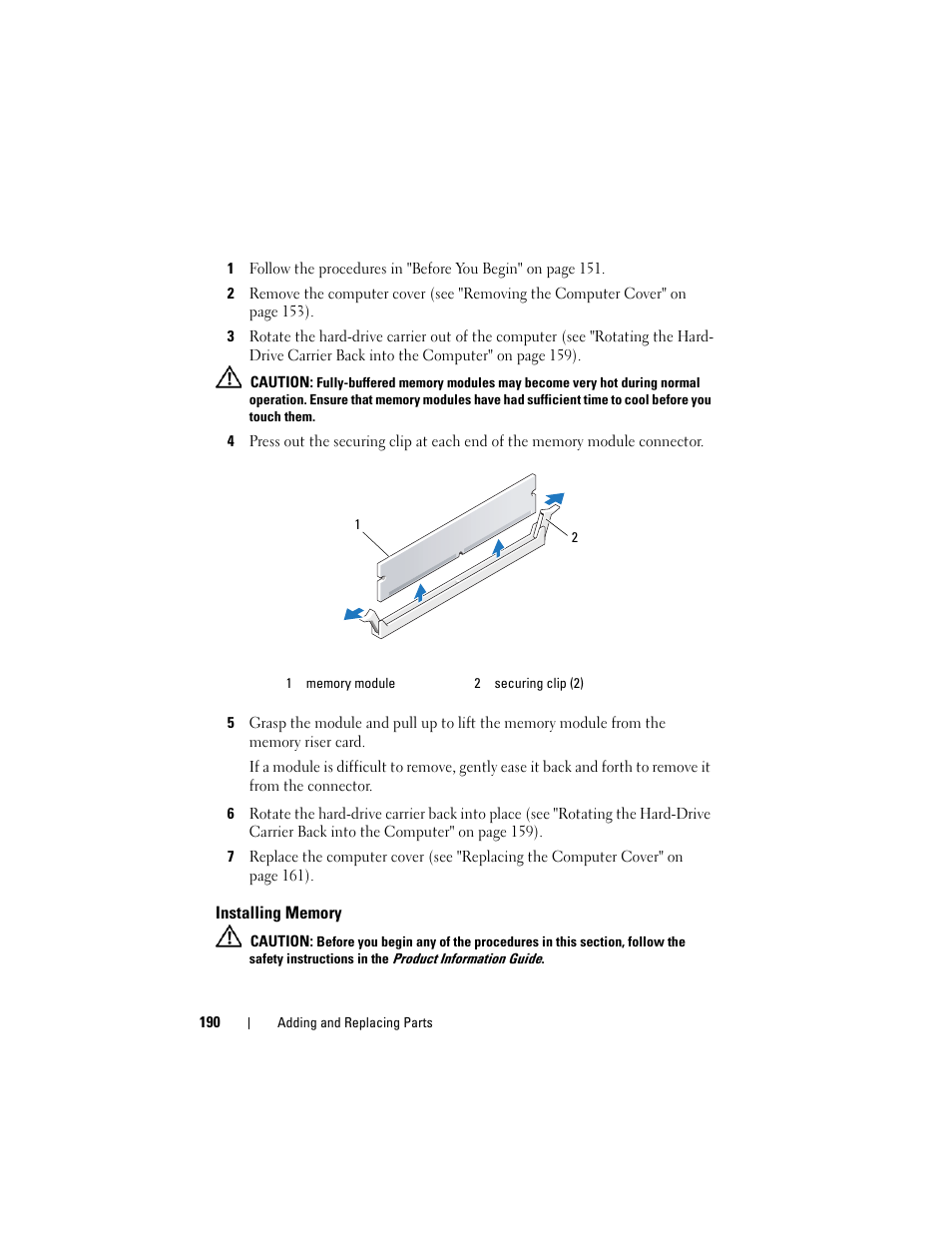 Installing memory, Installing | Dell Precision T5400 (Late 2007) User Manual | Page 190 / 316