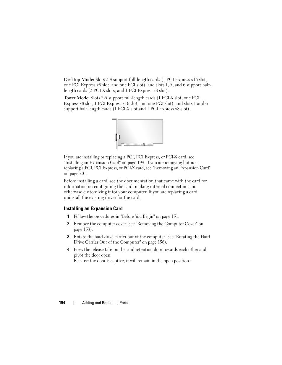 Installing an expansion card | Dell Precision T5400 (Late 2007) User Manual | Page 194 / 316