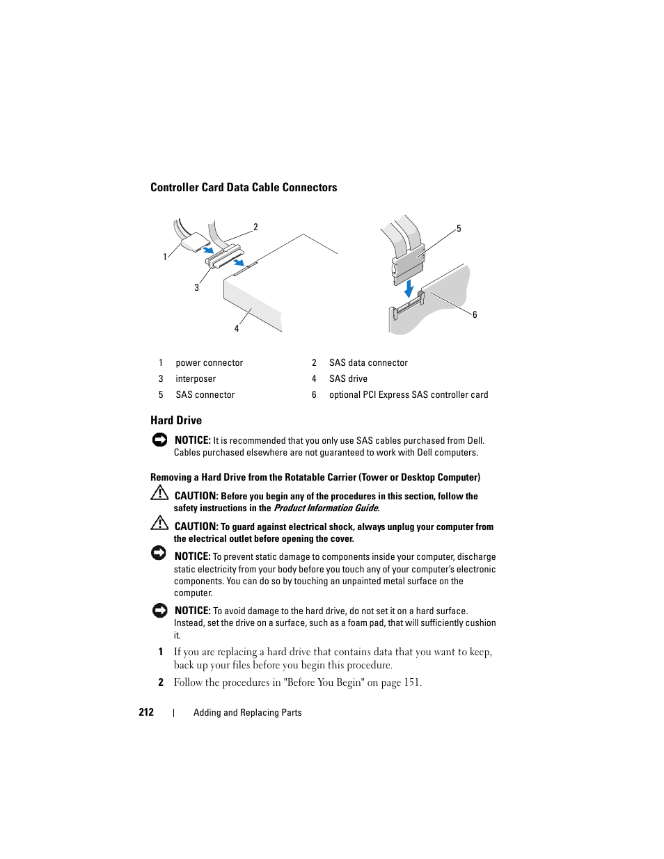 Controller card data cable connectors, Hard drive | Dell Precision T5400 (Late 2007) User Manual | Page 212 / 316