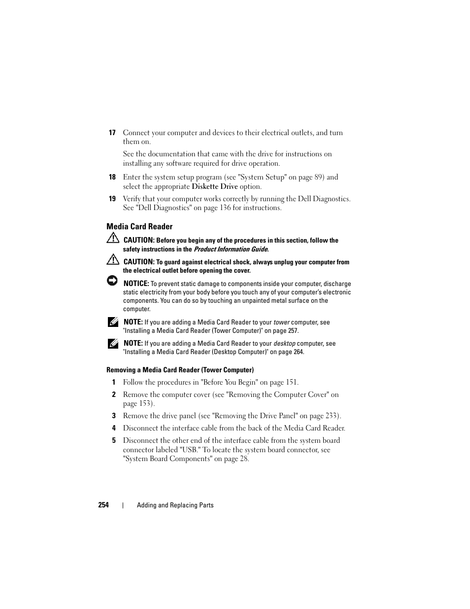 Media card reader, Removing a media card reader (tower computer)" on | Dell Precision T5400 (Late 2007) User Manual | Page 254 / 316