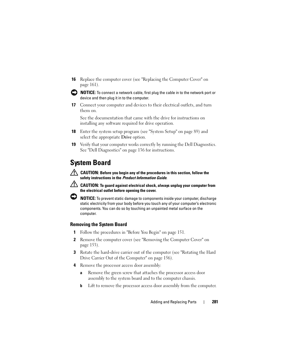 System board, Removing the system board | Dell Precision T5400 (Late 2007) User Manual | Page 281 / 316