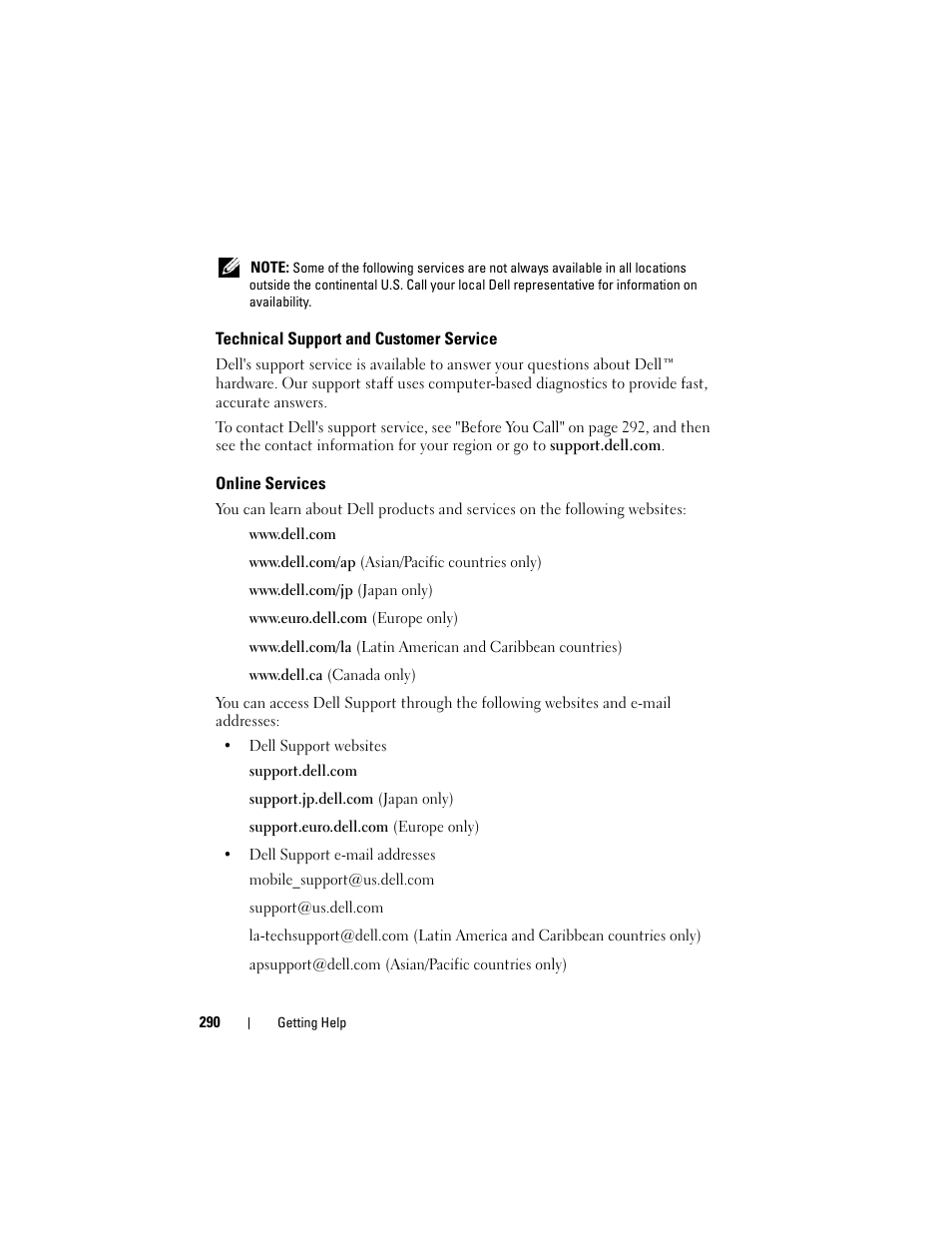 Technical support and customer service, Online services, Pport, see "technical support and | Dell Precision T5400 (Late 2007) User Manual | Page 290 / 316