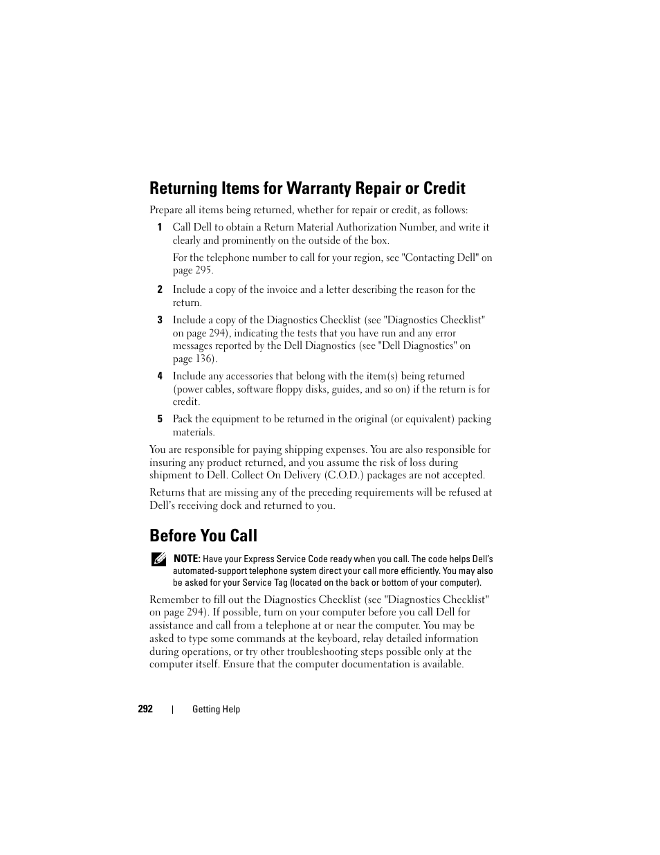 Returning items for warranty repair or credit, Before you call | Dell Precision T5400 (Late 2007) User Manual | Page 292 / 316