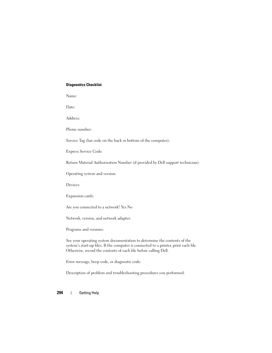 Diagnostics checklist | Dell Precision T5400 (Late 2007) User Manual | Page 294 / 316