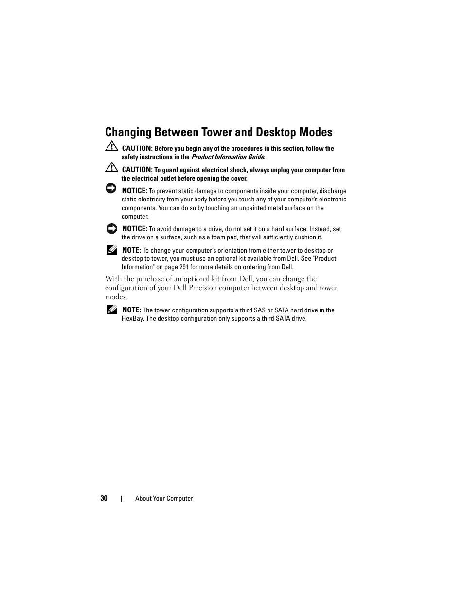 Changing between tower and desktop modes | Dell Precision T5400 (Late 2007) User Manual | Page 30 / 316