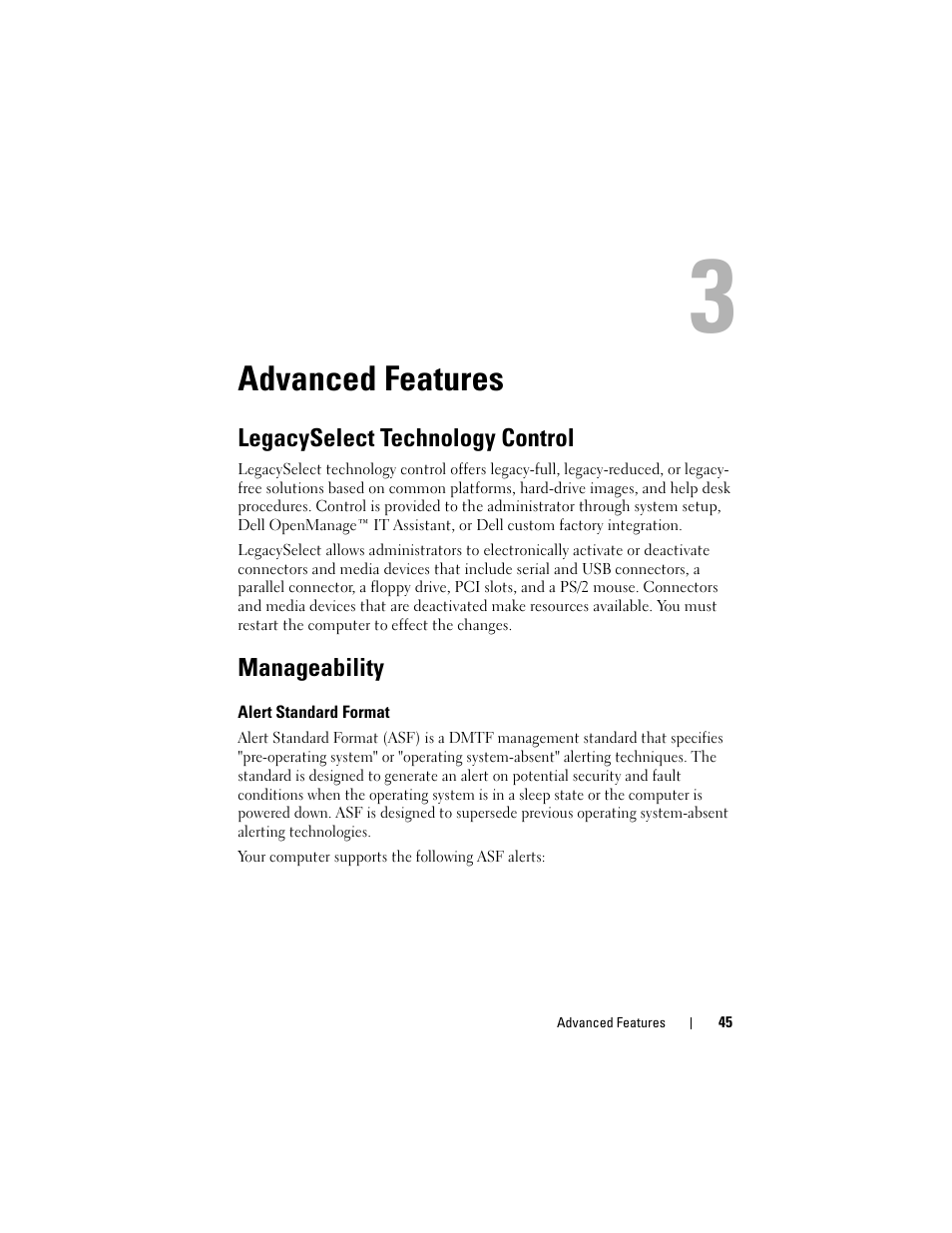 Advanced features, Legacyselect technology control, Manageability | Alert standard format | Dell Precision T5400 (Late 2007) User Manual | Page 45 / 316