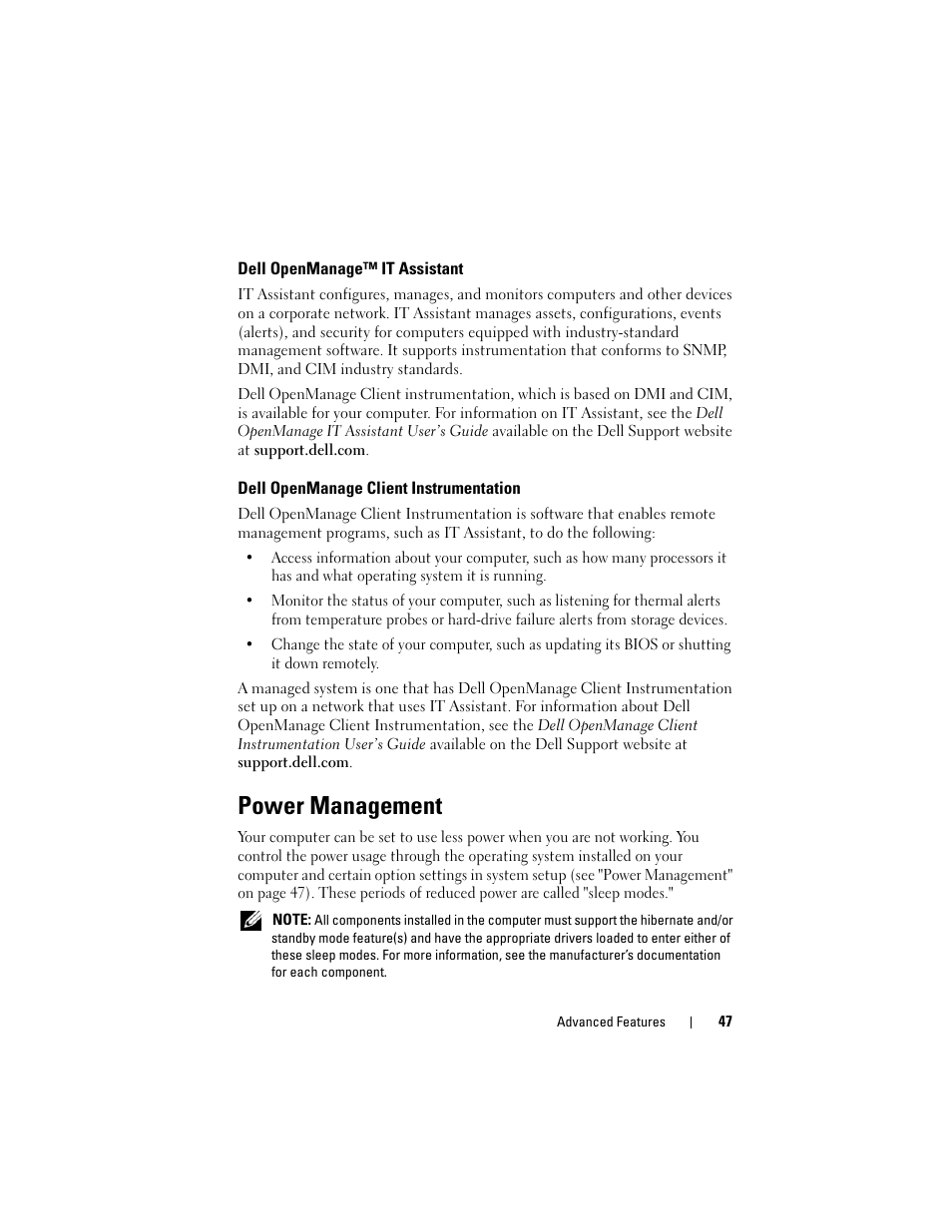 Dell openmanage™ it assistant, Dell openmanage client instrumentation, Power management | Dell Precision T5400 (Late 2007) User Manual | Page 47 / 316