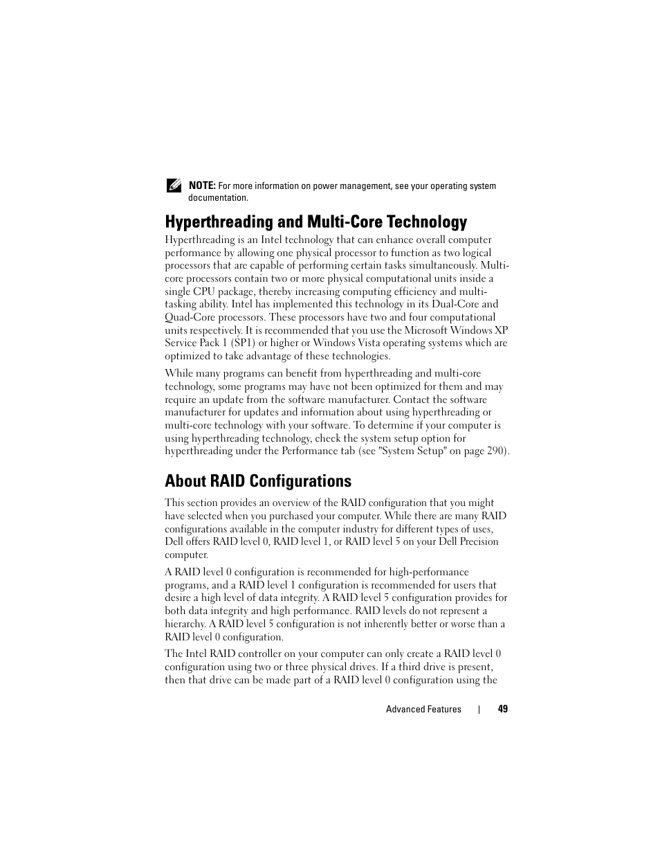 About raid configurations, Hyperthreading and multi-core technology | Dell Precision T5400 (Late 2007) User Manual | Page 49 / 316
