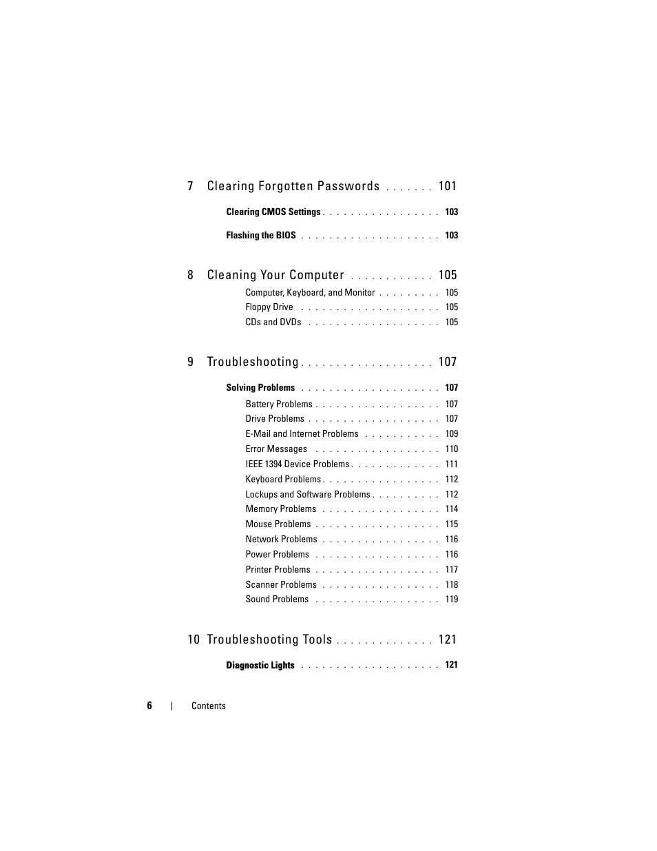 7 clearing forgotten passwords, 8 cleaning your computer, 9 troubleshooting | 10 troubleshooting tools | Dell Precision T5400 (Late 2007) User Manual | Page 6 / 316