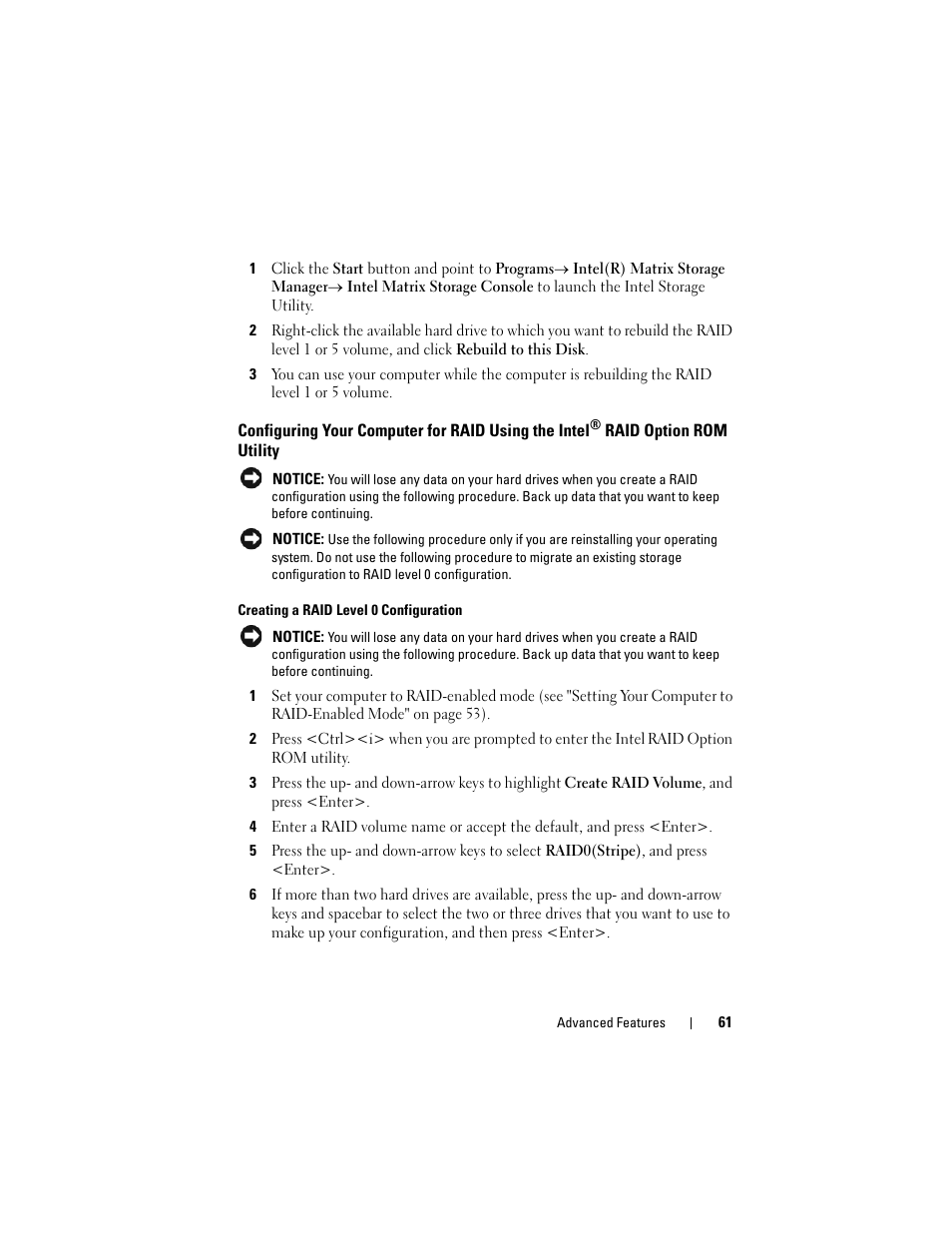 Configuring your computer for raid using the, Intel | Dell Precision T5400 (Late 2007) User Manual | Page 61 / 316