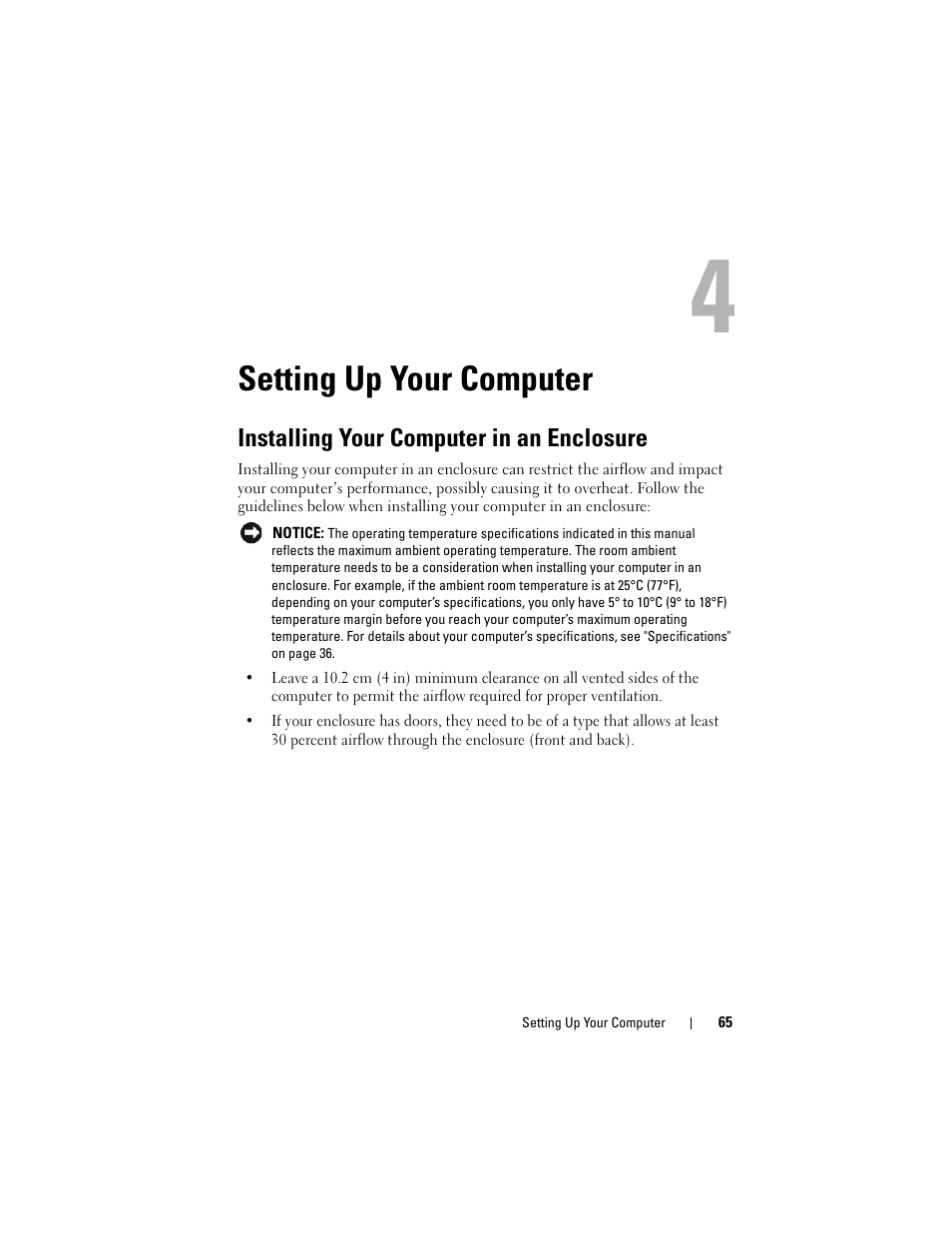 Setting up your computer, Installing your computer in an enclosure | Dell Precision T5400 (Late 2007) User Manual | Page 65 / 316