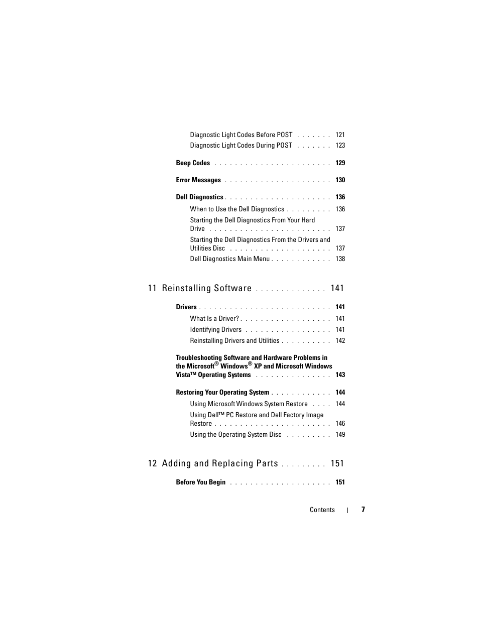 11 reinstalling software, 12 adding and replacing parts | Dell Precision T5400 (Late 2007) User Manual | Page 7 / 316