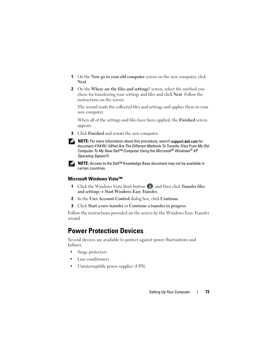 Microsoft windows vista, Power protection devices | Dell Precision T5400 (Late 2007) User Manual | Page 73 / 316