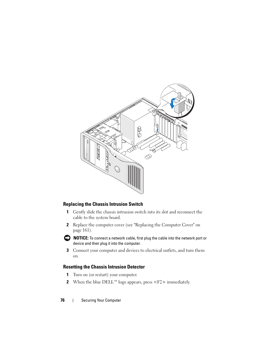 Replacing the chassis intrusion switch, Resetting the chassis intrusion detector | Dell Precision T5400 (Late 2007) User Manual | Page 76 / 316