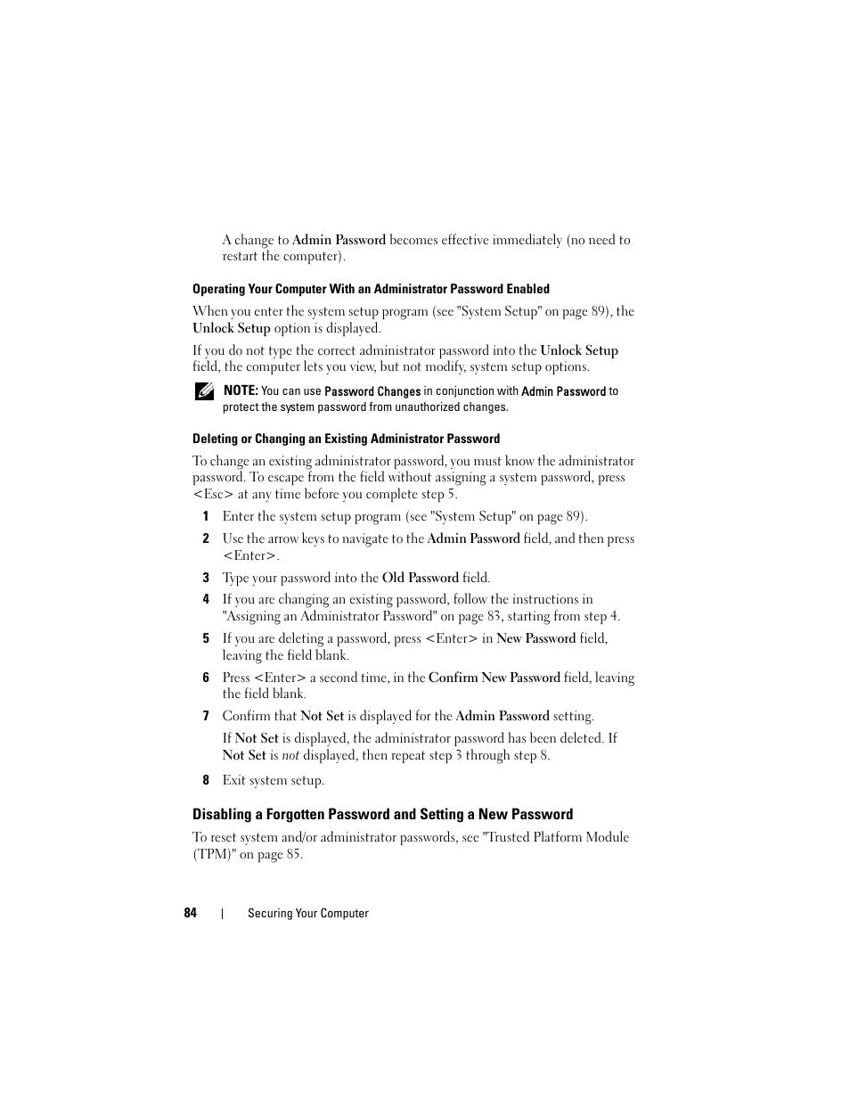 Disabling a forgotten password and setting a, New password | Dell Precision T5400 (Late 2007) User Manual | Page 84 / 316
