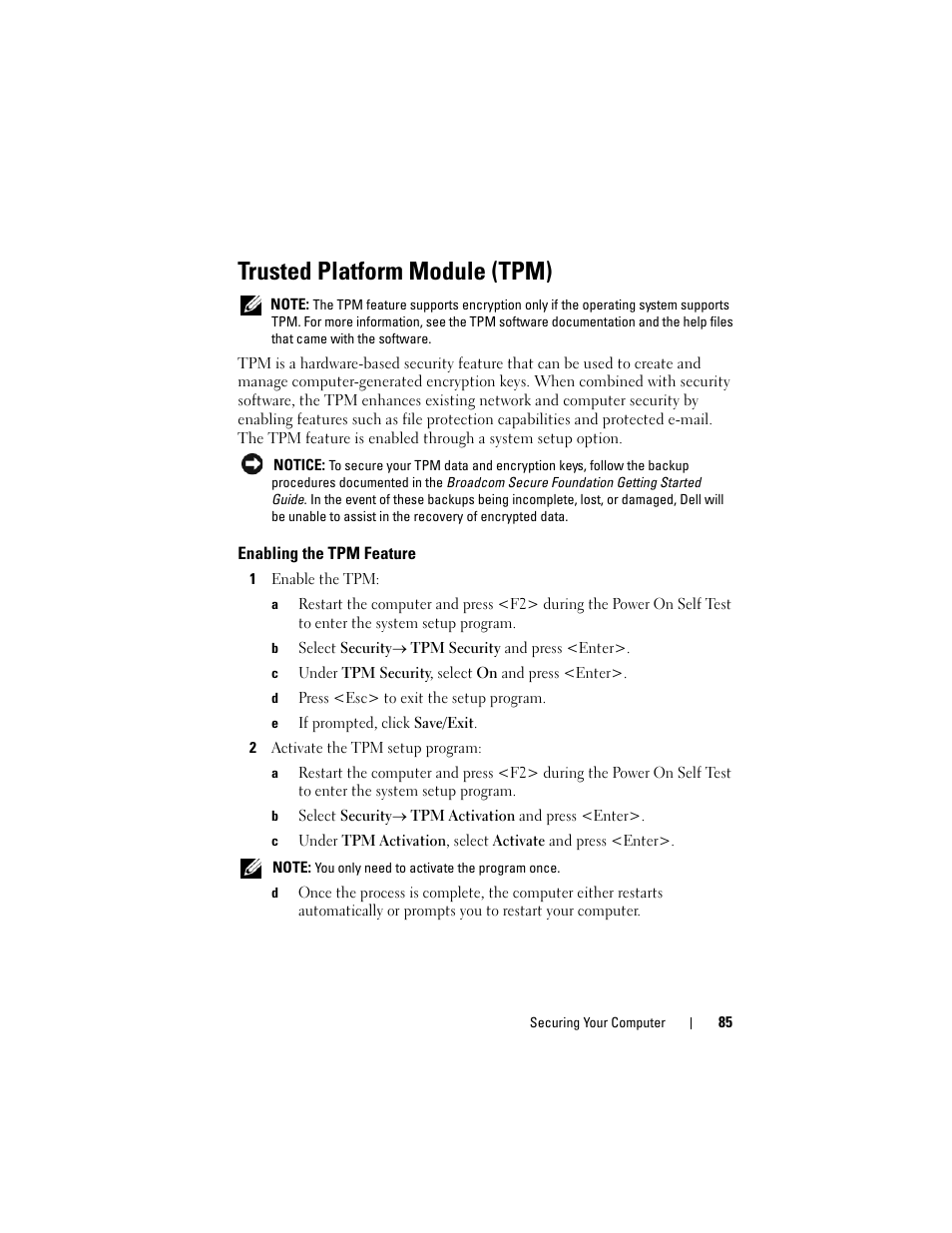 Trusted platform module (tpm), Enabling the tpm feature, Trusted platform module | Dell Precision T5400 (Late 2007) User Manual | Page 85 / 316