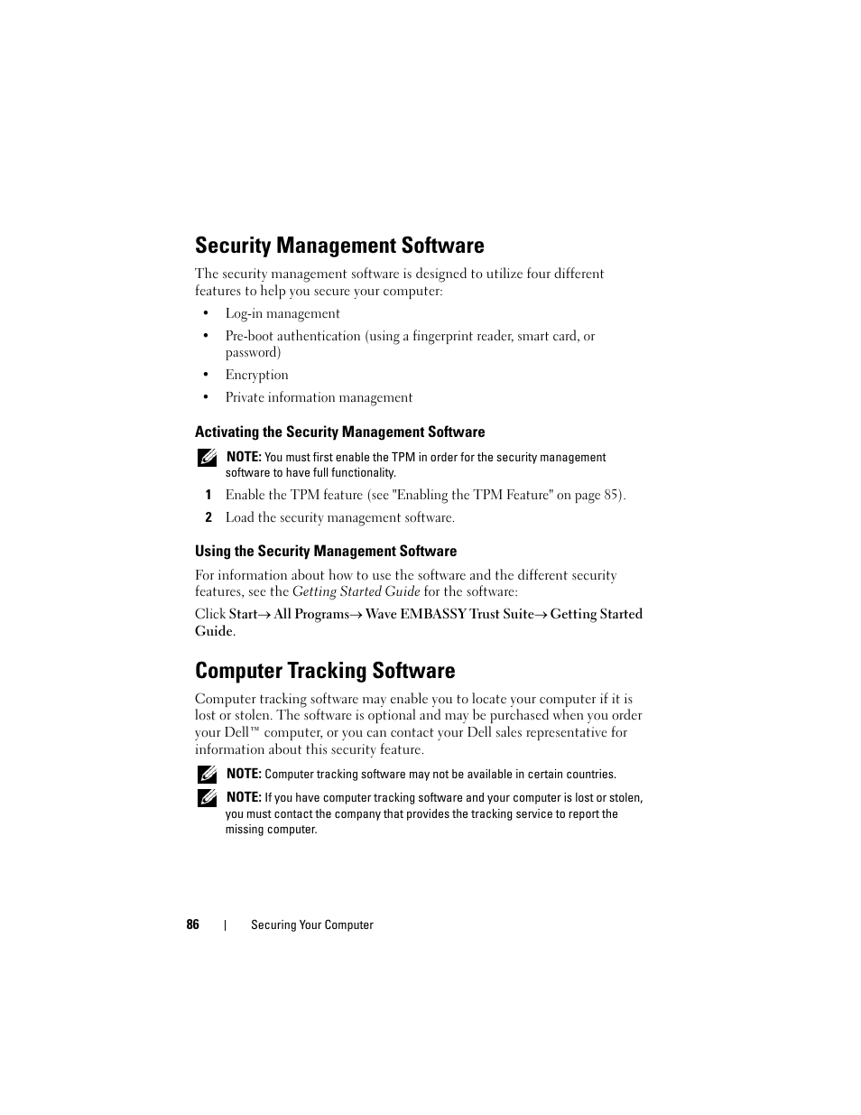 Security management software, Activating the security management software, Using the security management software | Computer tracking software | Dell Precision T5400 (Late 2007) User Manual | Page 86 / 316