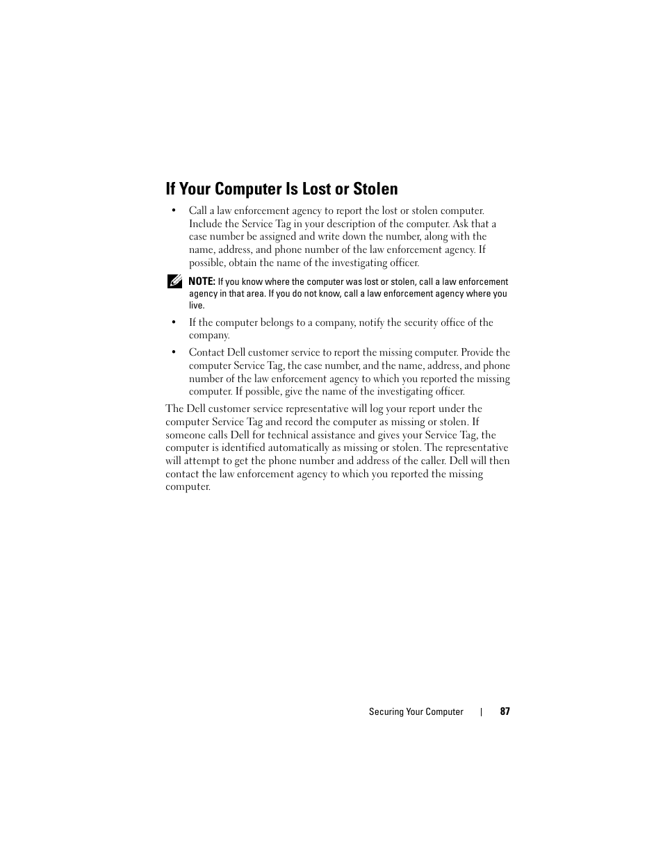 If your computer is lost or stolen | Dell Precision T5400 (Late 2007) User Manual | Page 87 / 316