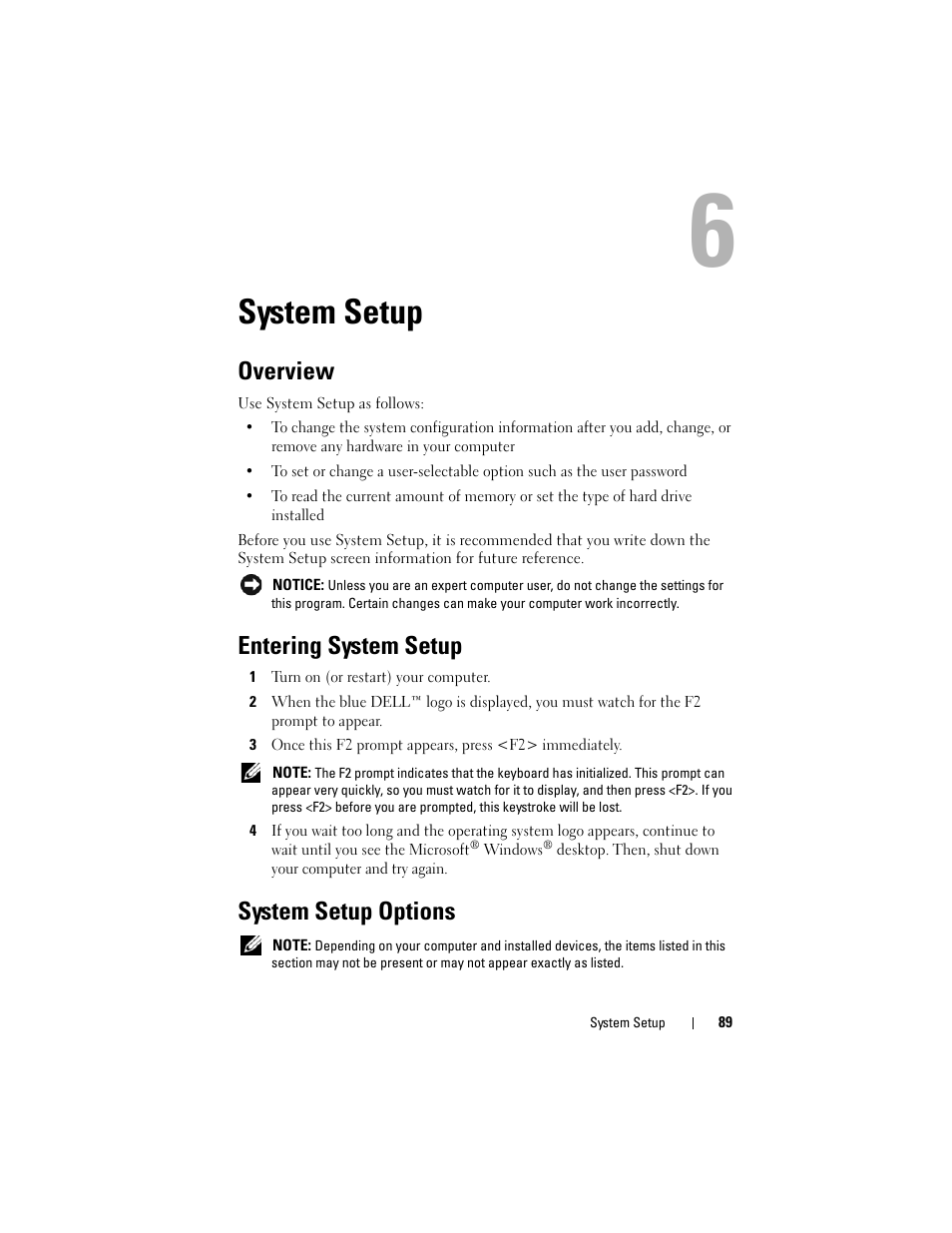 System setup, Overview, Entering system setup | System setup options, System, System setup options" on | Dell Precision T5400 (Late 2007) User Manual | Page 89 / 316
