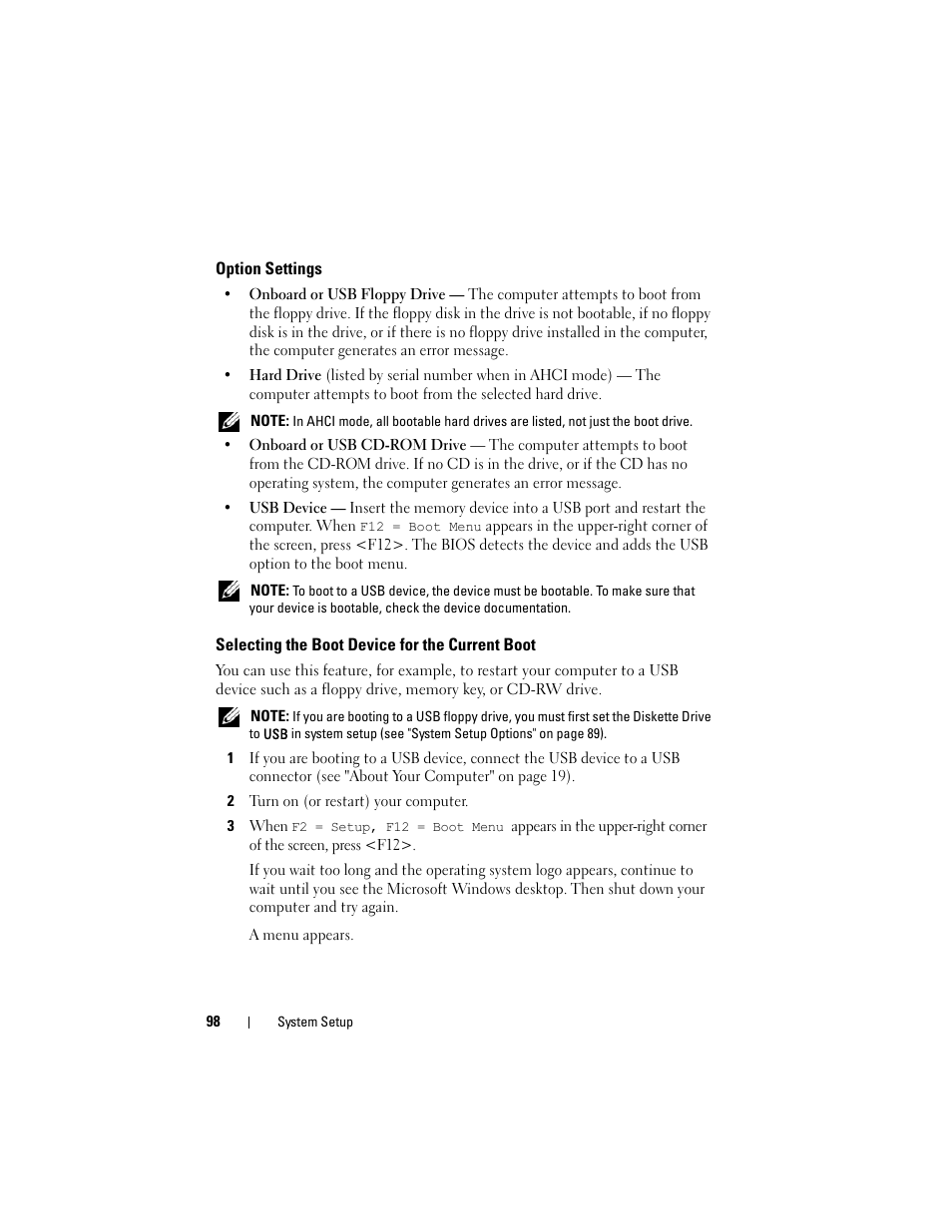 Option settings, Selecting the boot device for the current boot | Dell Precision T5400 (Late 2007) User Manual | Page 98 / 316