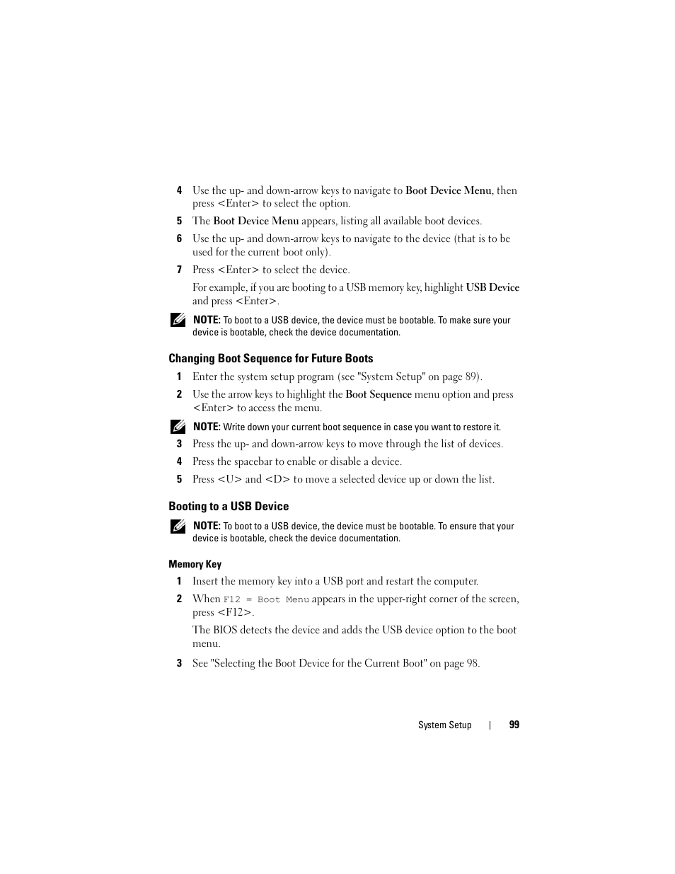 Changing boot sequence for future boots, Booting to a usb device | Dell Precision T5400 (Late 2007) User Manual | Page 99 / 316
