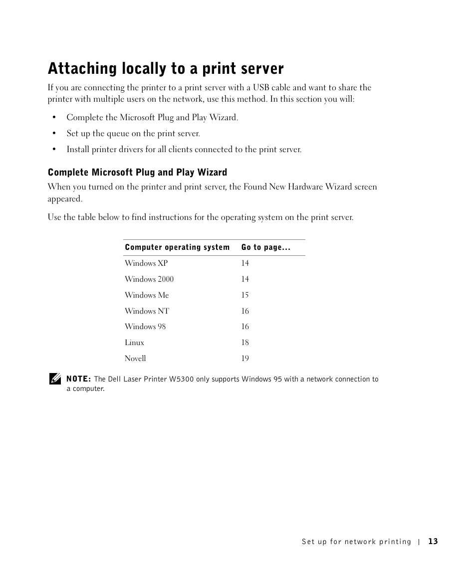 Attaching locally to a print server, Complete microsoft plug and play wizard | Dell W5300 Workgroup Laser Printer User Manual | Page 13 / 86